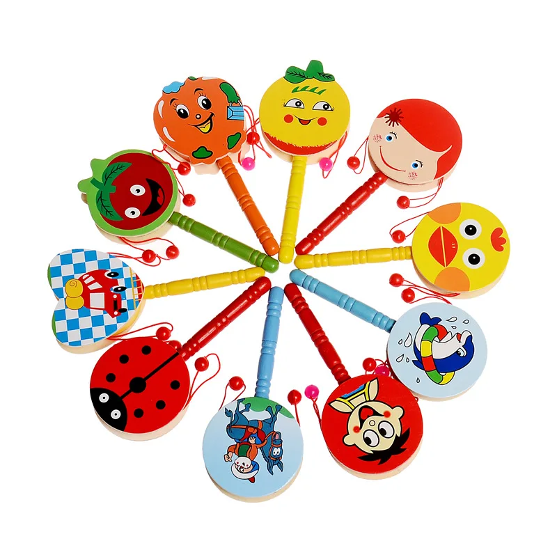 

Colored Wooden Round Rattle Cartoon Animal Fruit Pattern Rattle Drums Baby Kids Traditional Educational Toys Children's Gift