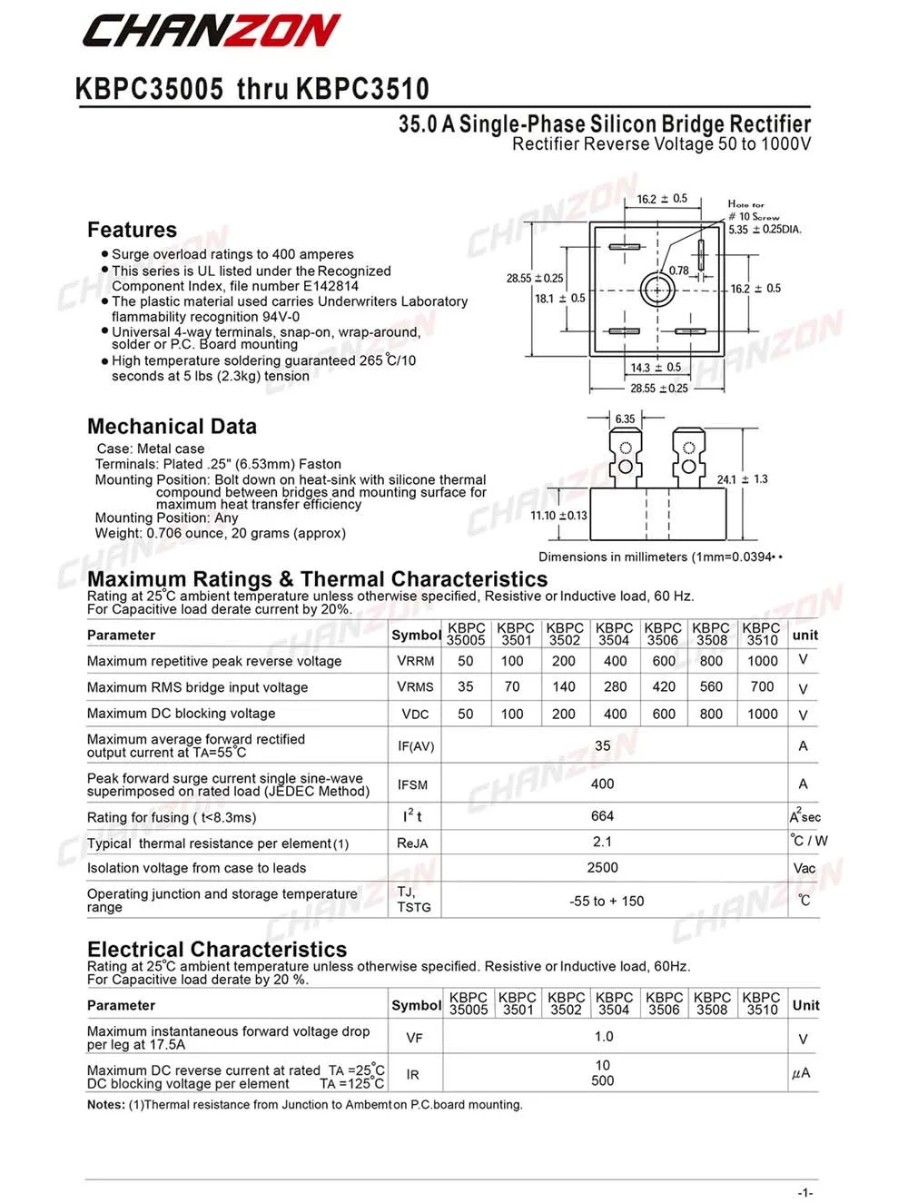 KBPC3510 Bridge Rectifier Diode diode bridge rectifier rectifier diodes electrical rectifier diodes 2 Pcs 35A 1000V Single Phase Full Wave 35 Amp 1000 Volt Electronic Silicon
