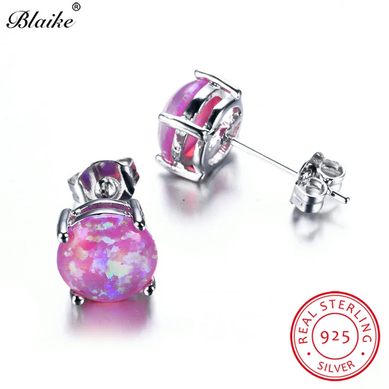 

Solid s925 Sterling Silver Earrings Purple Pink Fire Opal Stone Earrings For Women Rainbow Round Stud Earrings Wedding Jewelry