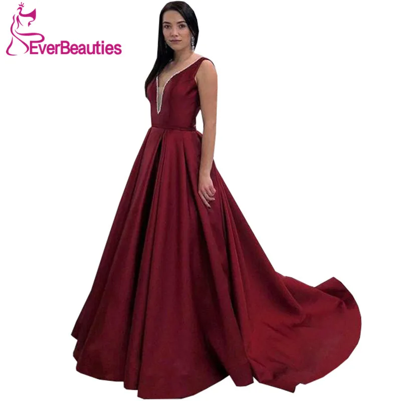 

Robe De Soiree Burgundy Evening Dresses Long 2019 Satin Evening Party Dresses Deep V-Neck Prom Gown Formal Dress