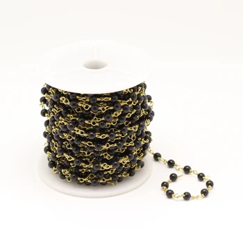 

Natural Black Achate Onyx Round Shape Beads Chain,Wire Wrapped Brass Links Bracelet Necklace Jewelry,4mm