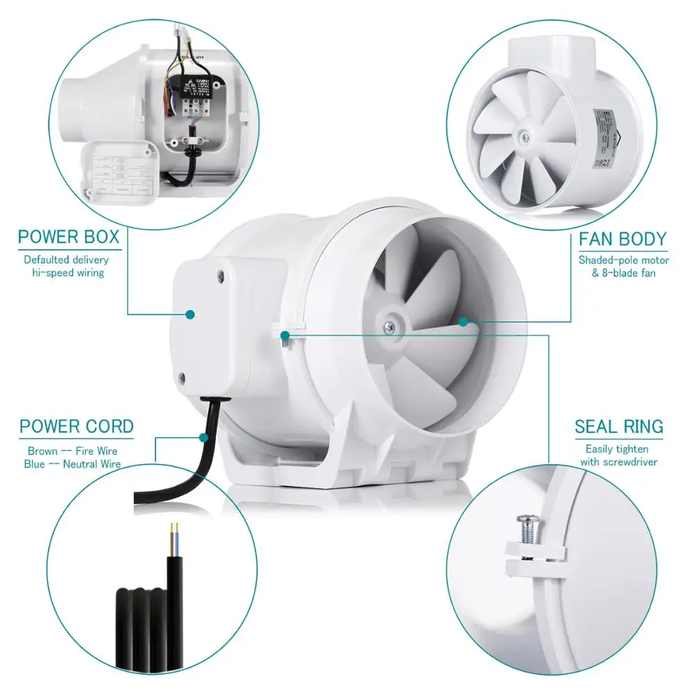 5'' Silent Inline Duct Fan 220V Toilet Bathroom Air Extractor System for Kitchen Hood Ventilation Exhaust Ventilator Household