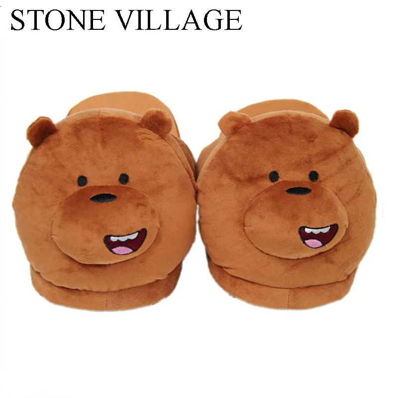 

STONE VILLAGE Large Size 28cm Winter Plush Slippers Shoes Gray Bear Brown Bear Indoor Shoes Women Warm Half-Slip Home Slippers