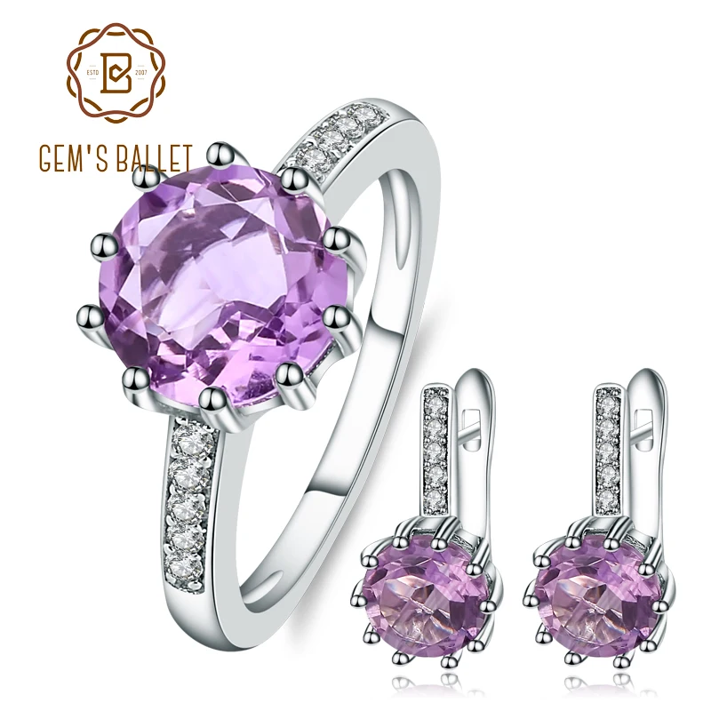 

GEM'S BALLET Natural Amethyst Romantic Rings Purple Clip Earrings Romantic 925 Sterling Silver Fine Jewelry Set For Women Gift