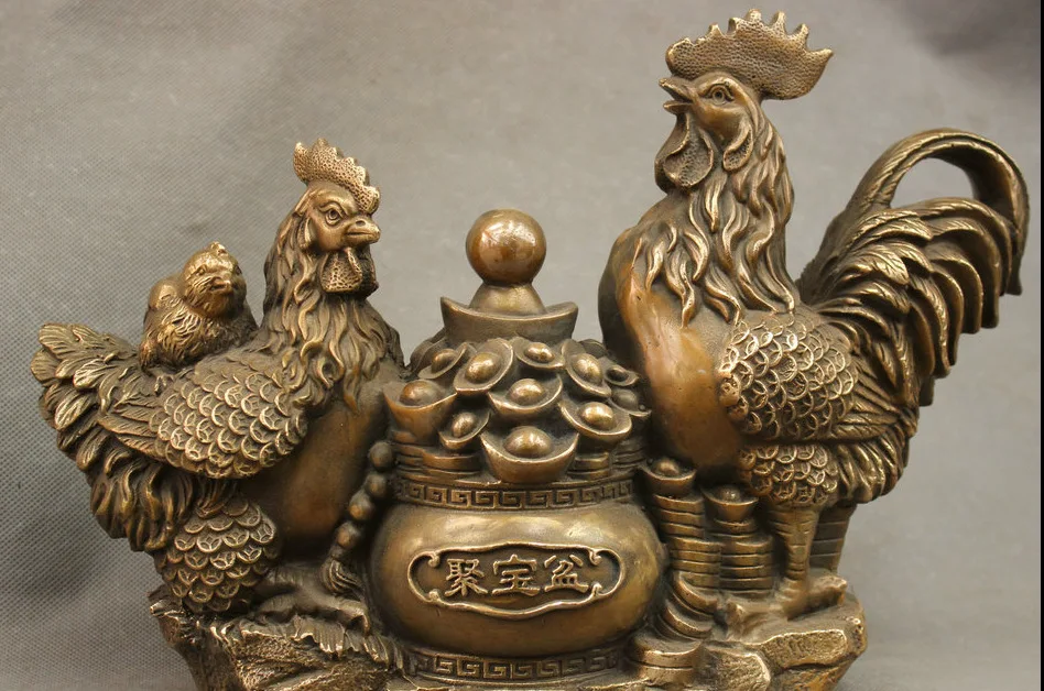 

hui88K841<<<14" Chinese Bronze Copper Bird 3 Coin Cock Statue YuanBao Boel Family Sculpture