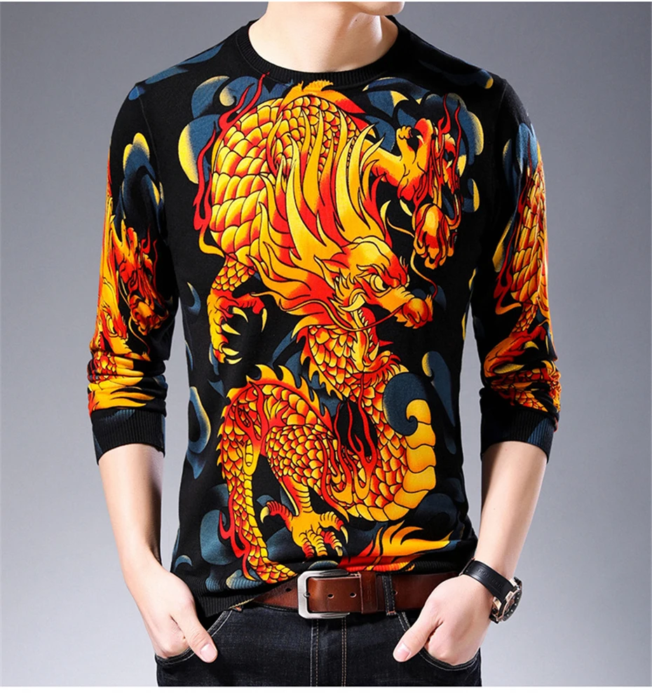 С принтом в виде дракона свитер Для мужчин 2019 осень в стиле «хип-хоп» модный свитер, пуловер Для мужчин s Slim Fit Pull Homme Chompas Hombre одежда GM144