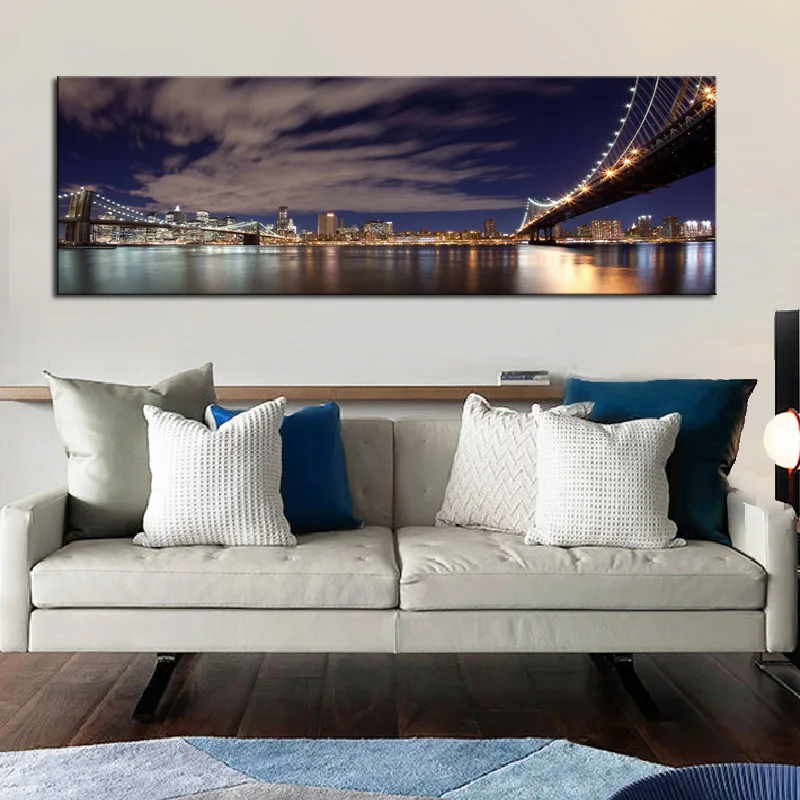 HD Печать длинный Манхэттен Нью-Йорк плакат Бруклинский мост горизонт ночной Холст Живопись Городской пейзаж картины для спальни гостиной - Цвет: H203