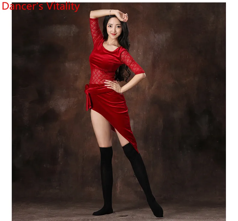 Women Performance Belly Dance Clothes Sexy Half Sleeves Dress Dance Dress Belly Dance Women's Cloth velvet + lace Dress