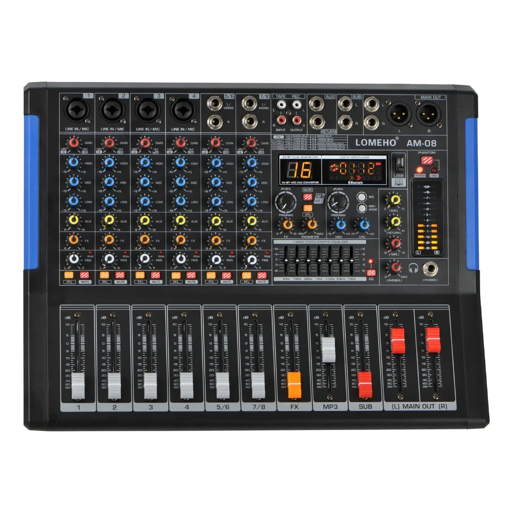 LOMOEHO AM 08 4 Mono 2 Stereo 8 Channels Bluetooth USB Record Computer Record 48V Phantom
