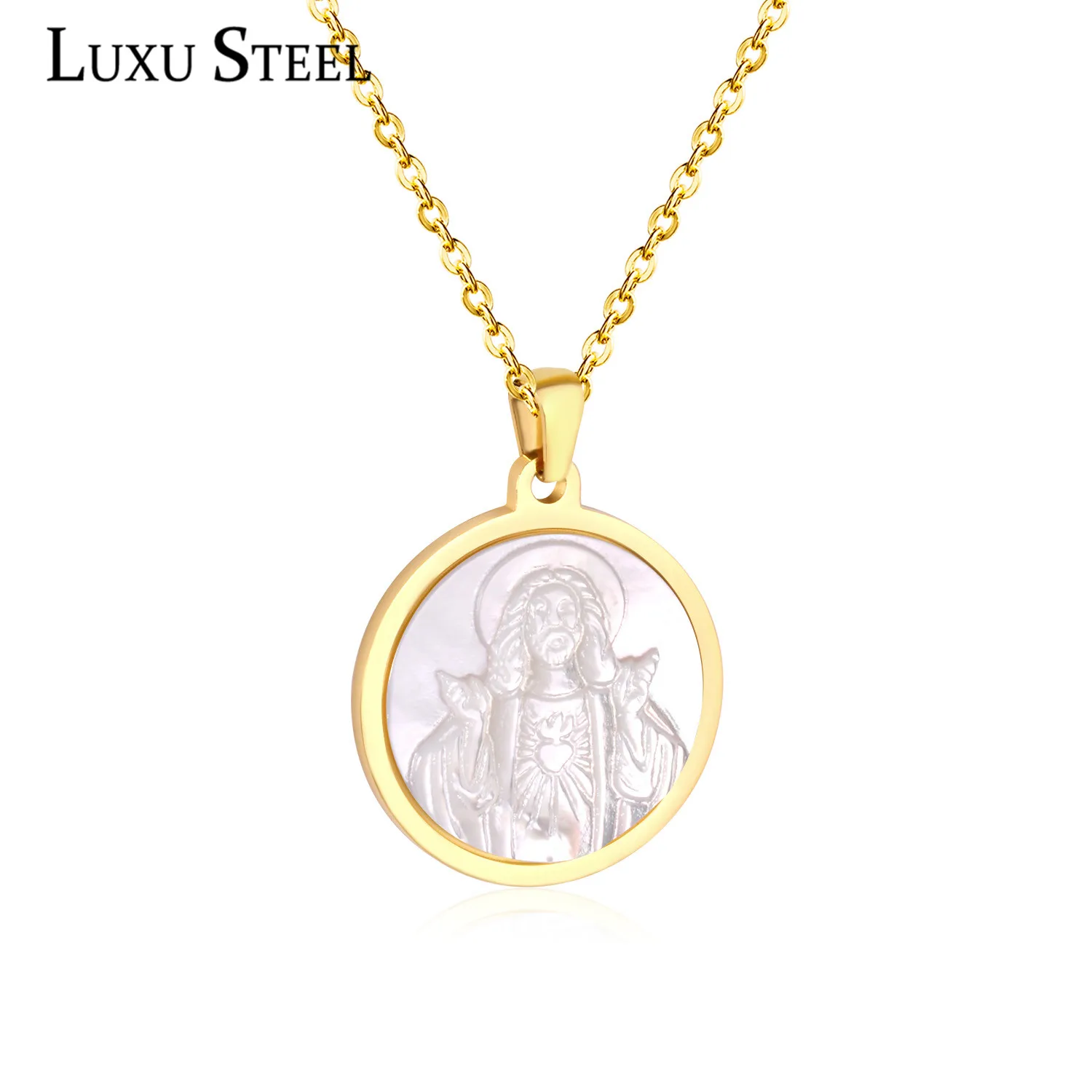 

LUXUSTEEL Virgin Mary Round Shell Pendant Necklace Religion Jewelry Stainless Steel Gold/Silver Choker Necklaces Catholic Gift