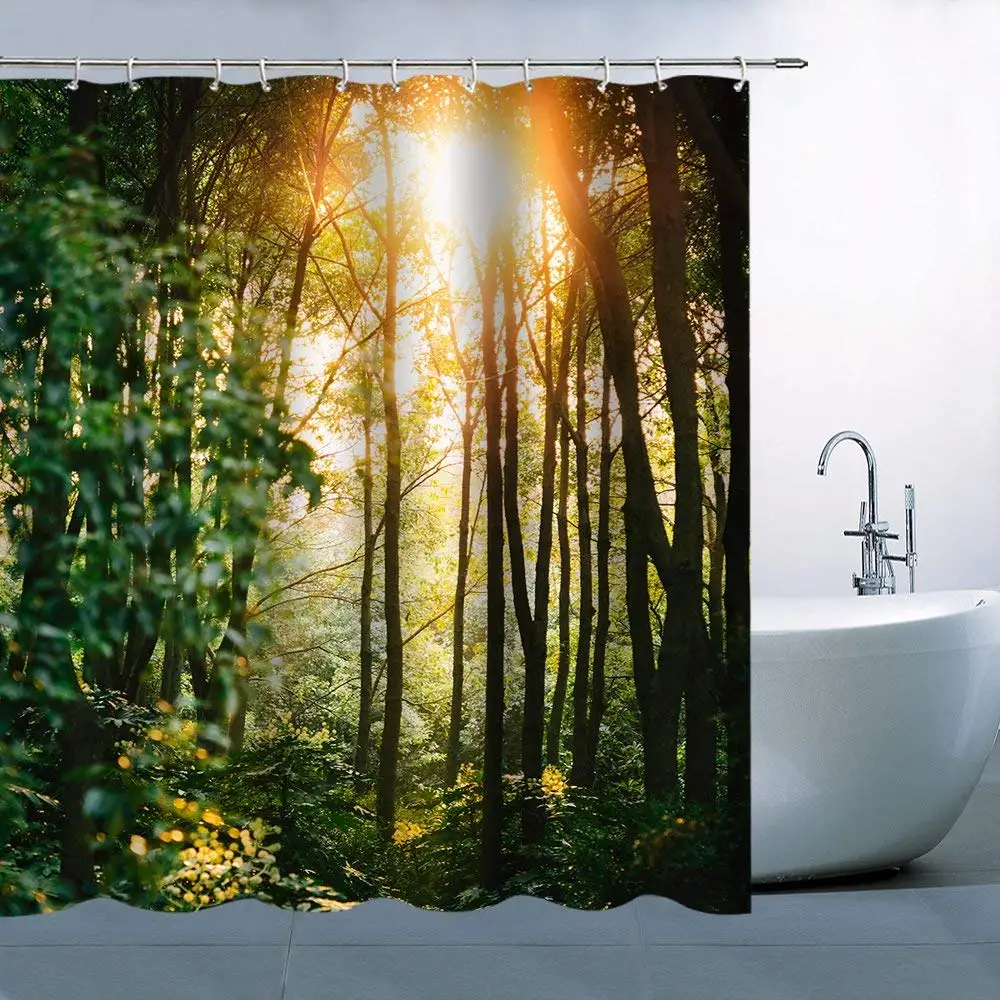 

Woods Scenery Theme Shower Curtain Golden Sun Green Trees Leaves Waterproof Mildew Resistant