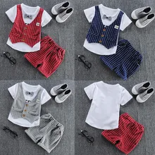 Комплекты одежды для маленьких мальчиков Одежда для новорожденных сетка в полоску, жилет футболка с бантом топы и штаны комплект из 2 предметов, Прямая поставка