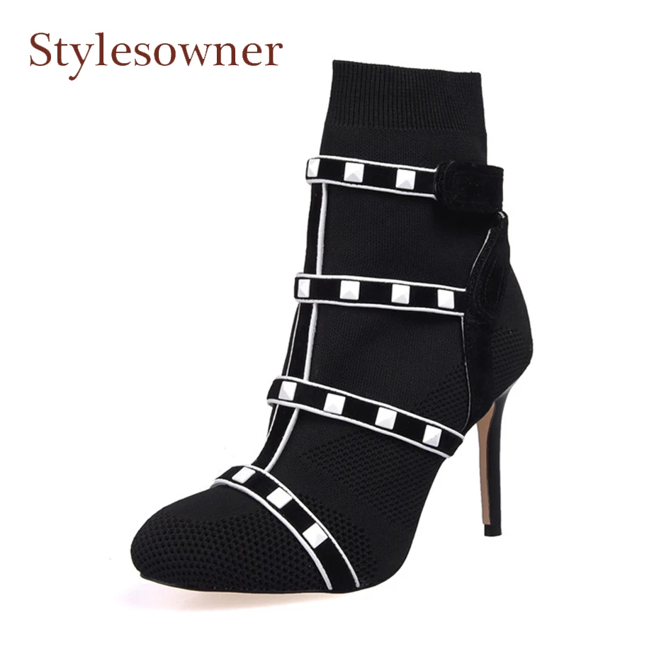 

Stylesowner spring new stretch knitted short boots women patchwork rivet sock boots shoes fashion design stilettos heels pumps