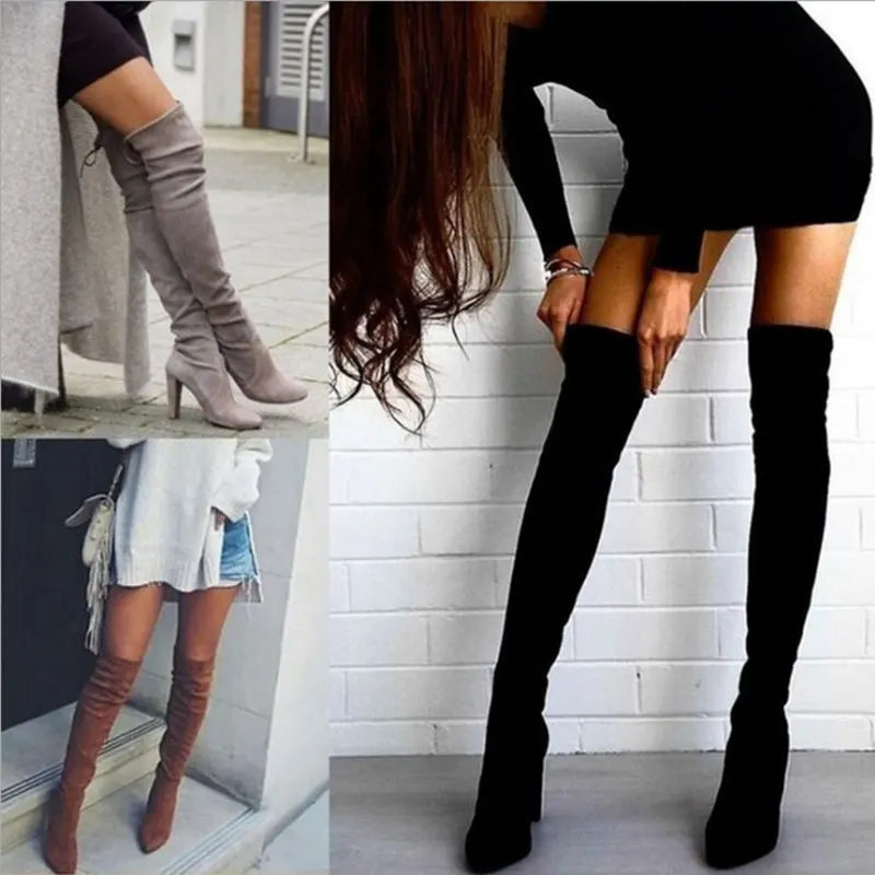 Sexy Party Boots Fashion Suede Leather Shoes Women Over the Knee Heels Boots Stretch Flock Winter High Boots botas Drop Shipping