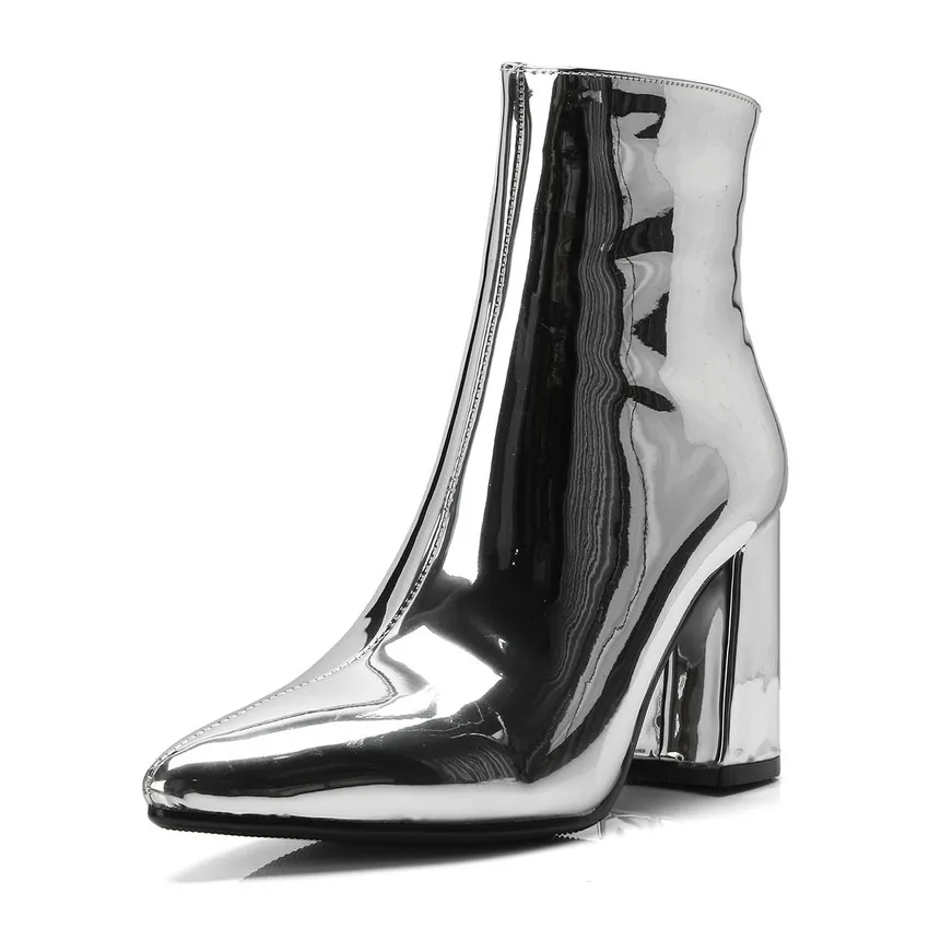 QUTAA/ г. Женская обувь женские ботильоны из искусственной кожи пикантные модные зимние женские ботинки на высоком квадратном каблуке с острым носком большой размер 34-42 - Цвет: Серебристый