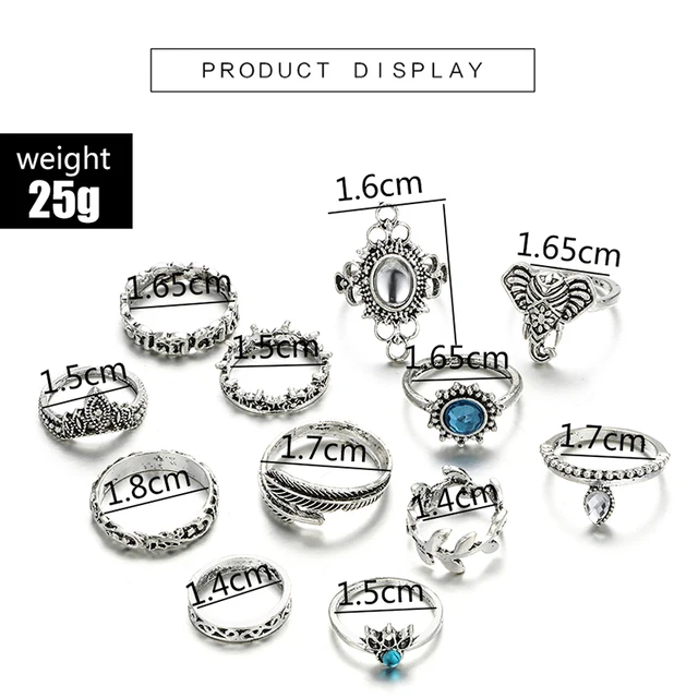 HuaTang Antique Silver Crystal Ring Set Knuckle Wedding Ring Set Geoemtric Elephant Opals Rings Anillos Anel Rings Jewelry 6581