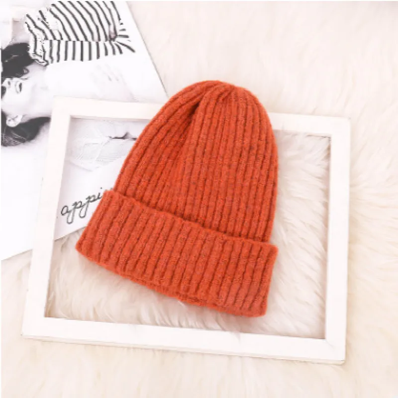 Модная шерстяная шапка Skullies Beanie для женщин и девочек, однотонная теплая шерстяная трикотажная шапка, ветрозащитная женская зимняя шапка - Цвет: Оранжевый