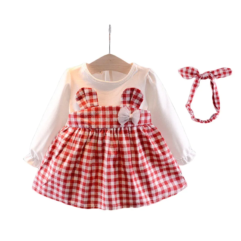 

New Children Autumn dress infant lovely clothes baby girls long sleeve plaid one-piece & headband princess spring clothing