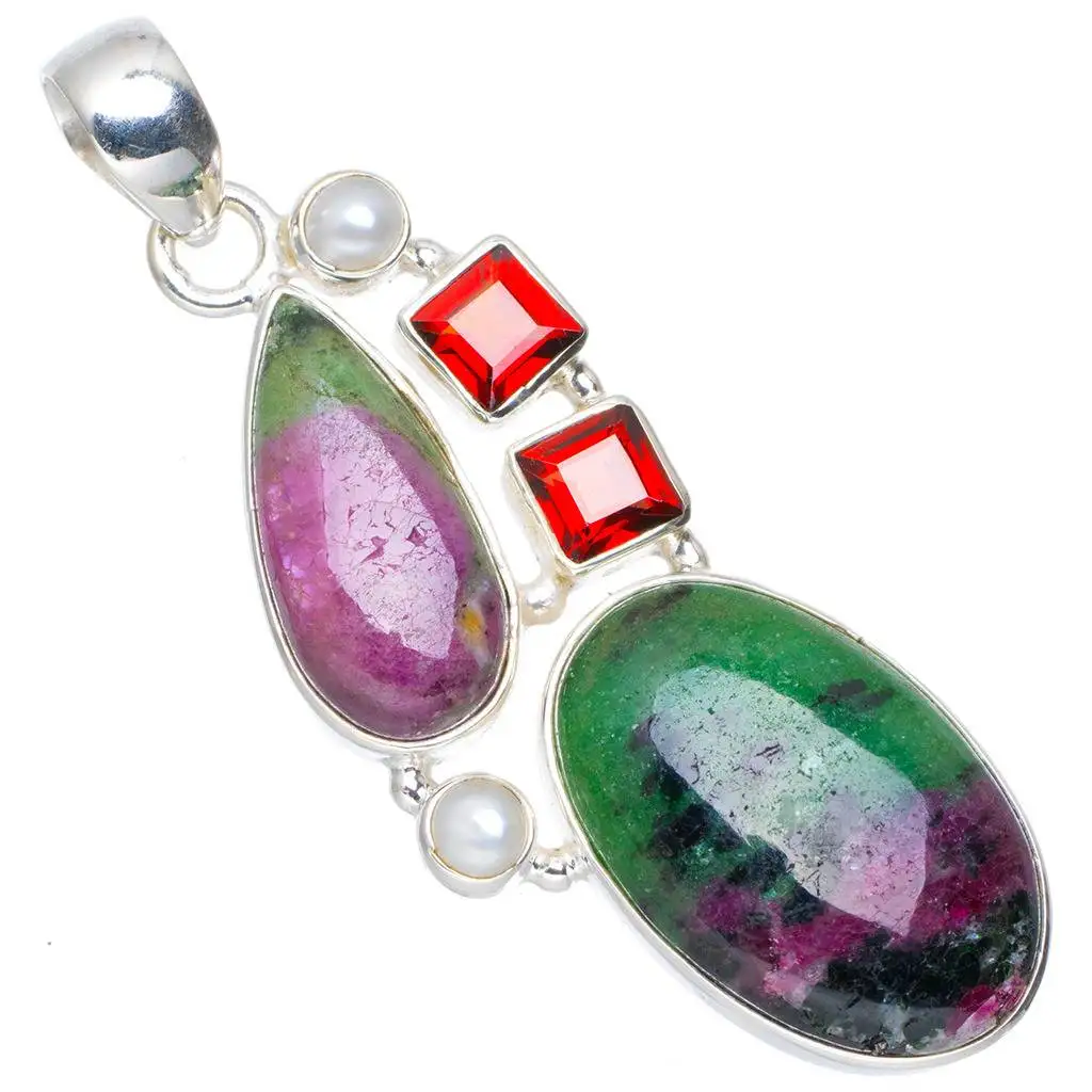 

Natural Ruby Zoisite,River Pearl and Garnet Handmade Unique 925 Sterling Silver Pendant 2.25" A0190