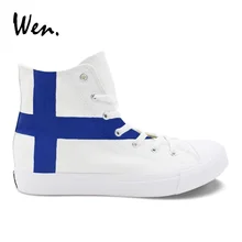 Вэнь дизайн флаг Финляндии ручная роспись обувь белый холст высокие синие полосы кроссовки плимсоллы шнуровке эспадрильи