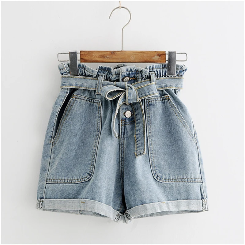 

LASPERAL Tie Waist Denim Shorts 2019 New Design Shorts Summer High Waist Button Fly Plain Casual Hot Sale Shorts Blue