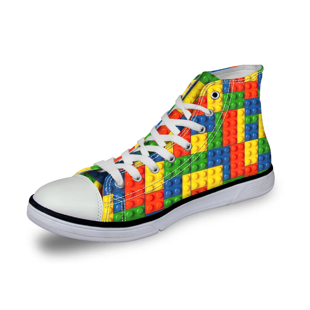 

Noisydesigns ladies vintage high top sneakers Women candy color checkered blocks 3D print flat canvas shoes casual vulcanized