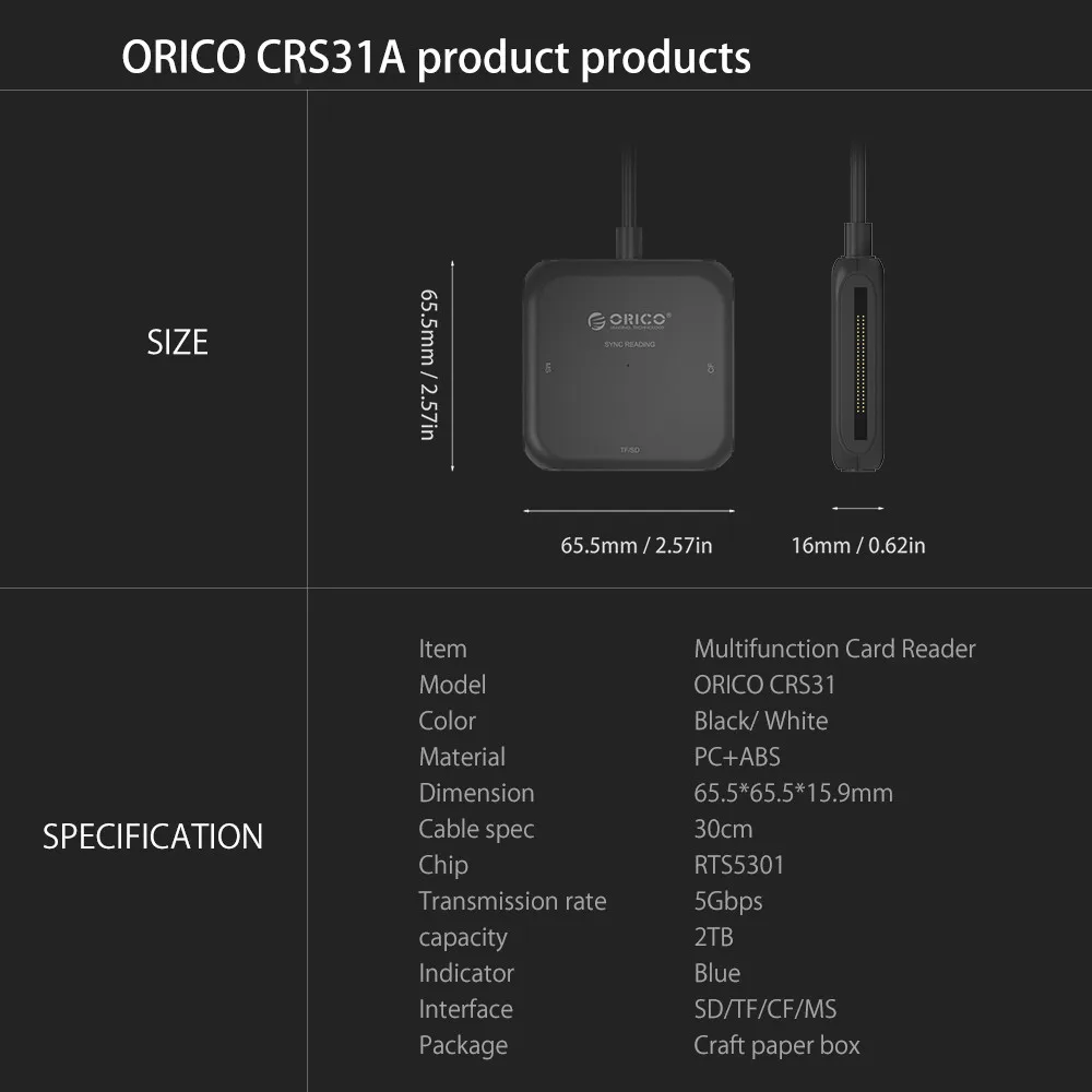 ORICO 4 в 1 USB 3,0 смарт-кард-ридер флэш мульти-карт памяти для TF/SD/MS/CF 4 карты одновременно чтения и записи-CRS31A