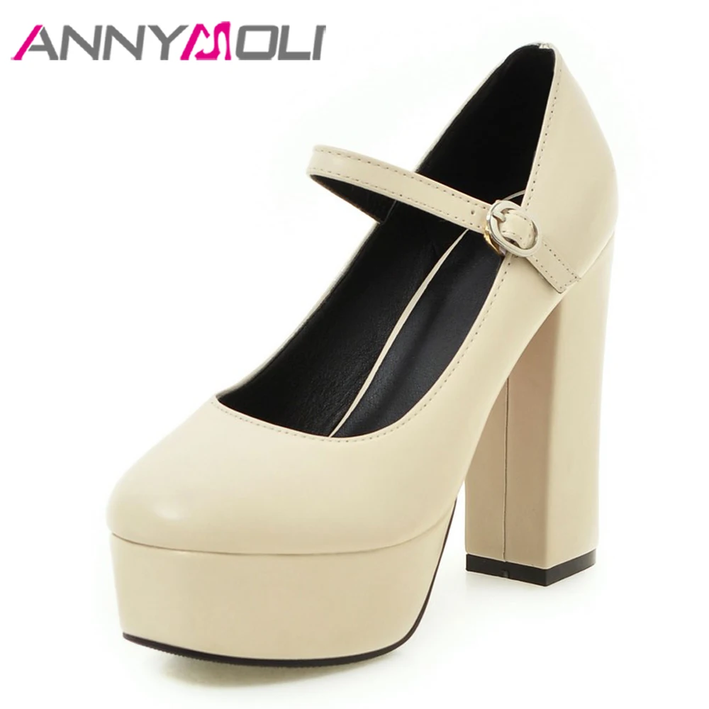 ANNYMOLI Women Shoes High Heels Platform Thick High Heels Mary Janes Shoes Buckle Square Toe Pumps Ladies Beige Brown Size 34-39 ANNYMOLI Women Shoes High Heels Platform Thick High Heels Mary Janes Shoes Buckle Square Toe Pumps Ladies Beige Brown Size 34-39