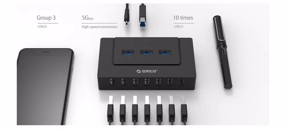 ORICO USB 2,0/3,0 концентратор 10 портов usb-хаб 5 Гбит/с адаптер питания высокоскоростной сплиттер адаптер для ПК LaptopNotebook-черный(H9910-U3