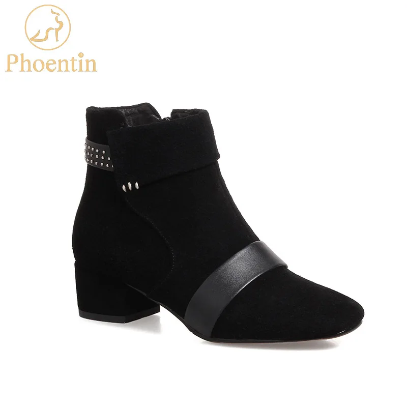 

Phoentin black ankle boots women 2018 zipper closure cow suede woman boots square toe med heels narrow band female shoes FT435