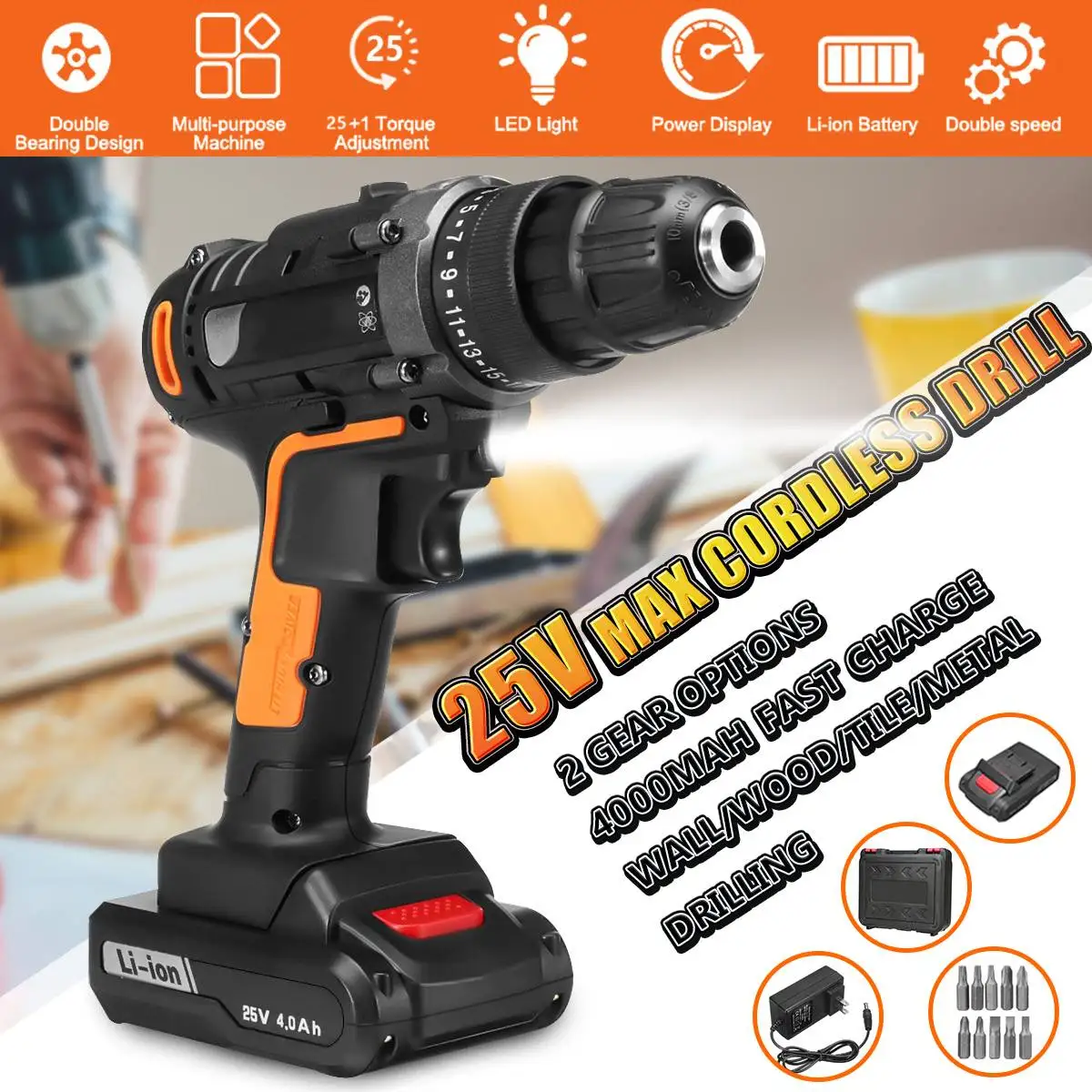 

25V 48Nm Max Torque 3/8" Chuck Electric Screwdriver Cordless Drill Mini Wireless Power Driver DC 4000mAh 2 Li-Battery 2 Speed