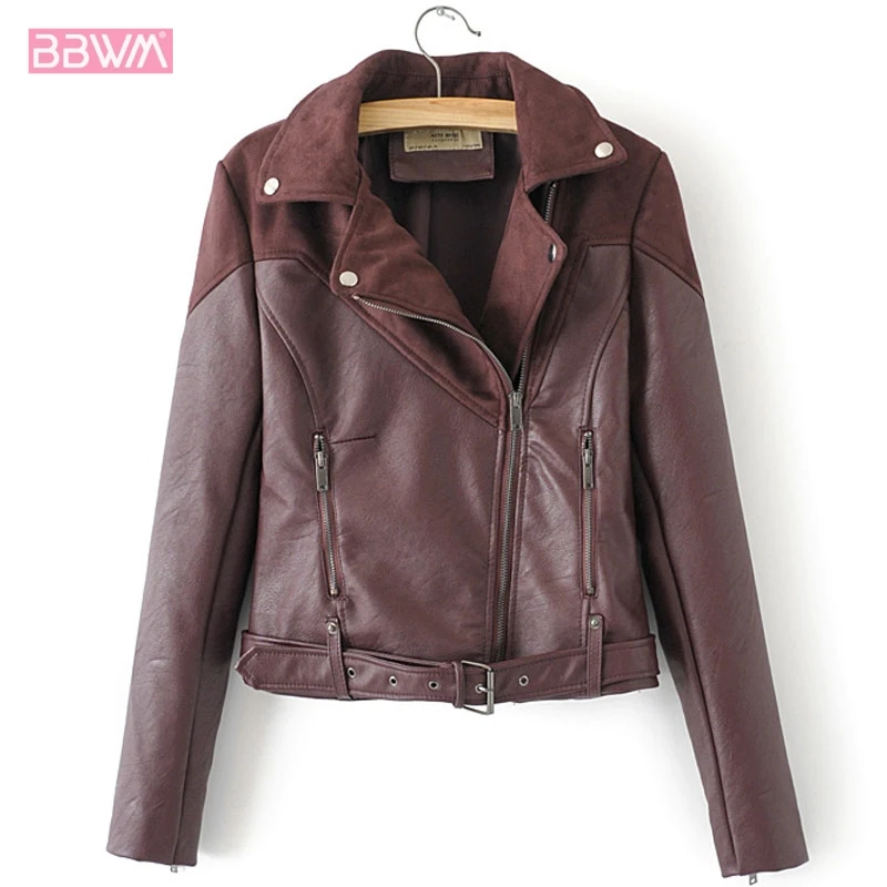 

Winter New Pu Stitching Lapel Long-sleeved Women's Jacket Deerskin Short Motorcycle Female Coat Black Belt Burgundy Zipper Keep