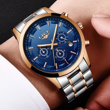 

LIGE Men Sport Watch Chronograph Full Steel Strap Quartz Army Military Watches Clock Men Top Brand Luxury Male Relogio Masculino