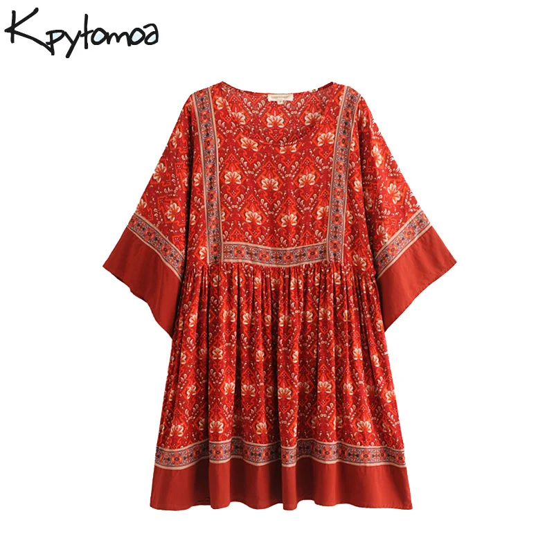 بوهو خمر الأزهار طباعة مطوي البسيطة اللباس النساء 2018 جديد أزياء كيمونو الأكمام الصيف شاطئ فساتين عارضة Vestidos موهير