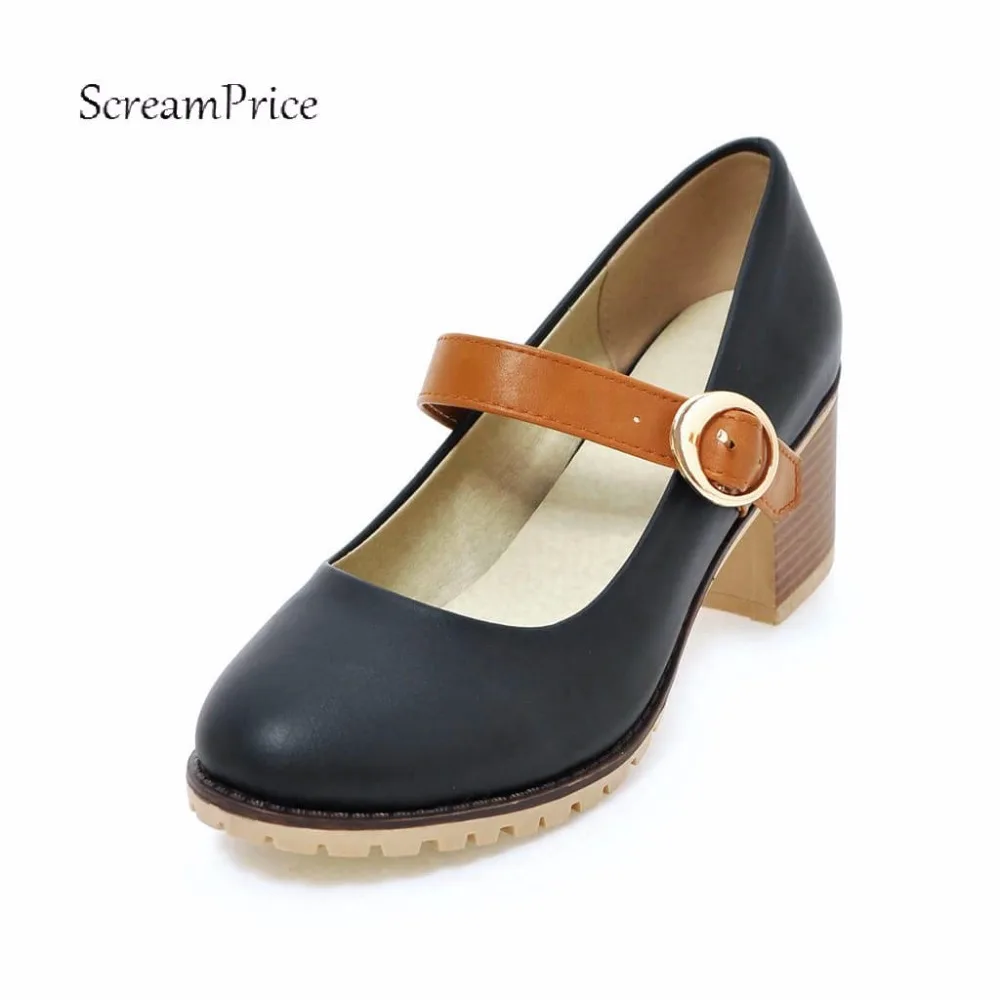 

Thick High Heels Women's Mary Jane Pumps Platform Buckle Round Toe Spring Autumn Shoes Beige Pink Black