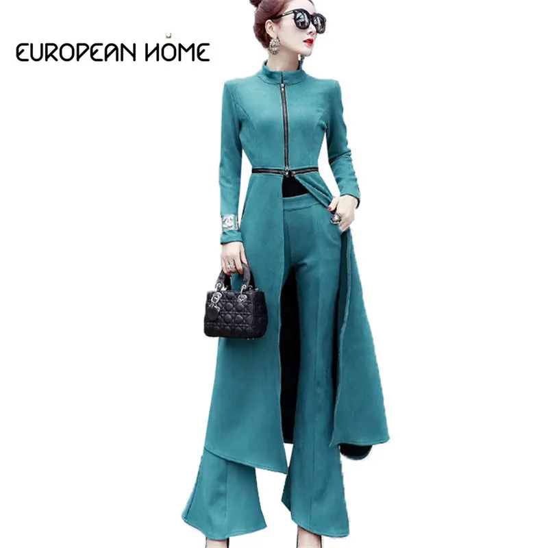 

2019 New Spring Autumn 2 Piece Set Women Clothes Half high collar Long Tops High Waist Flared pants Womens Two Piece Sets