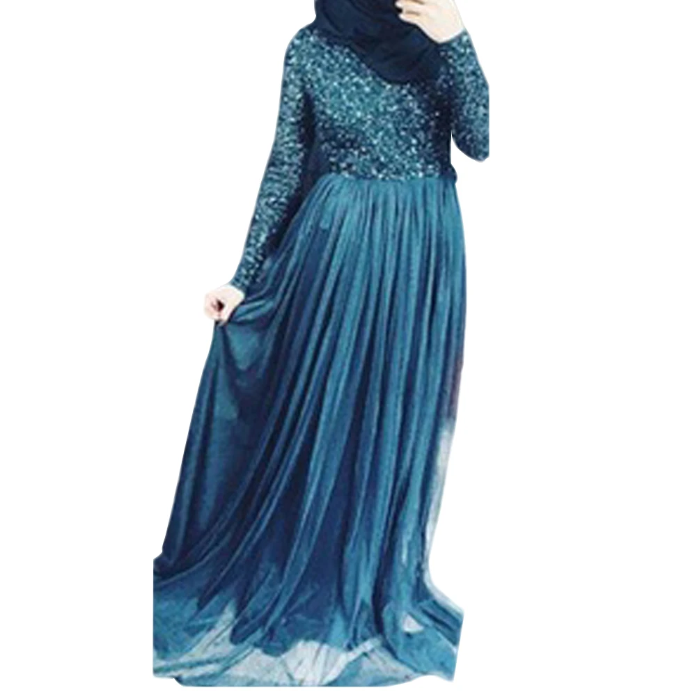 

Vacation Solid Draped Muslim Maxi Long Sleeve Summer Party Crew Neck Casual Slim Women Dress Evening Gift