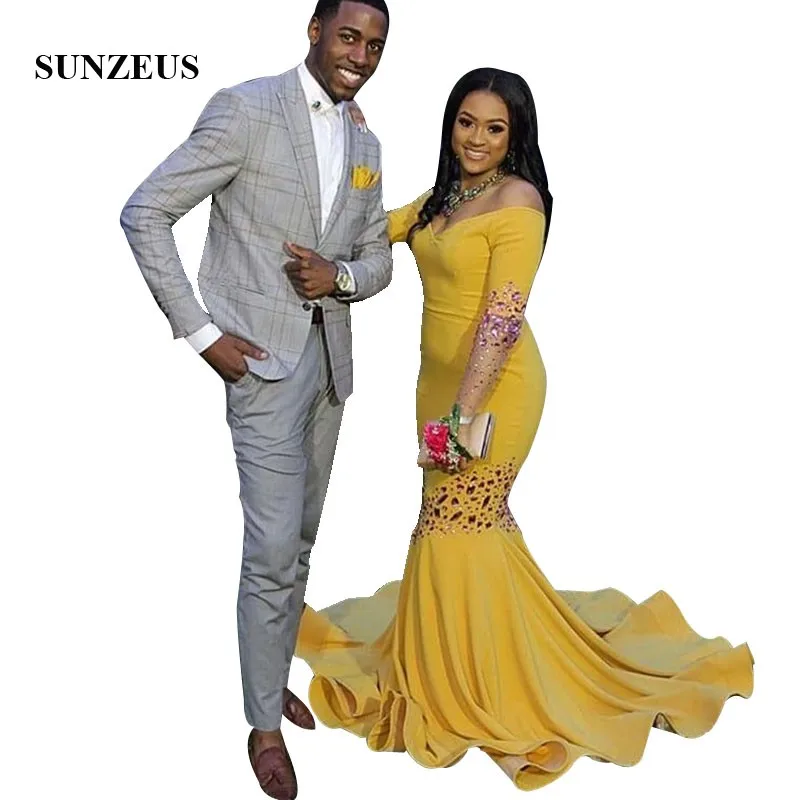 

Purple Rhinestones Beaded Prom Dress Mermaid Long Sleeves Party Gowns Off Shoulder Women Dress Formal Gala Jurk