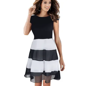 

Fashion Brand Dresses Women Design plus size dress Sleeveless party dresses O Neck Black White Stripe Dress Saias Clothing S169