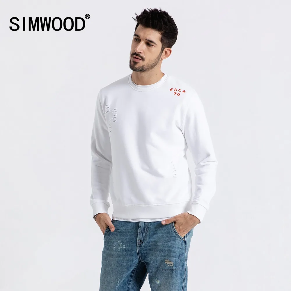 

SIMWOOD 2019 Spring New Hoodies Men Fashion Ripped Hip Hop Sweatshirts Streetwear Embroidery Letter Hole Hoodie 190044