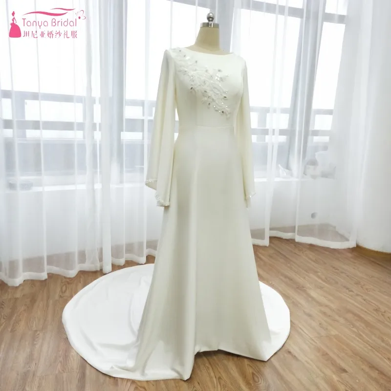 Flare Sleeve Soft Satin Wedding Dresses Miami Muslim Charming