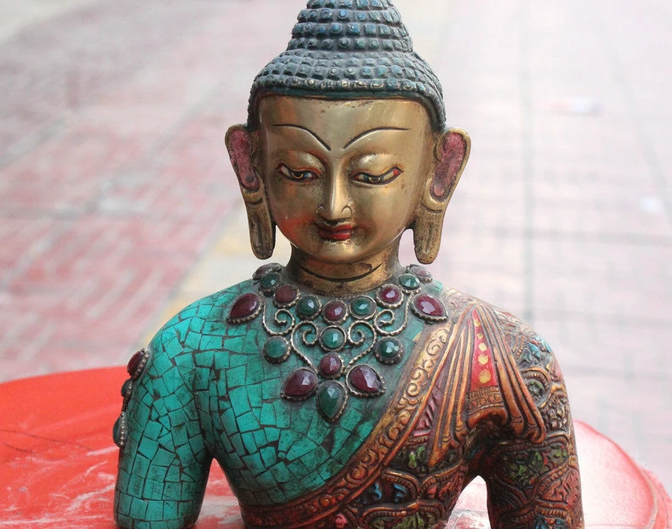 FREE SHIPPING Tibet Bronze Gild Buddhism Turquoise Gem Shakyamuni Sakyamuni Buddha Head Statue