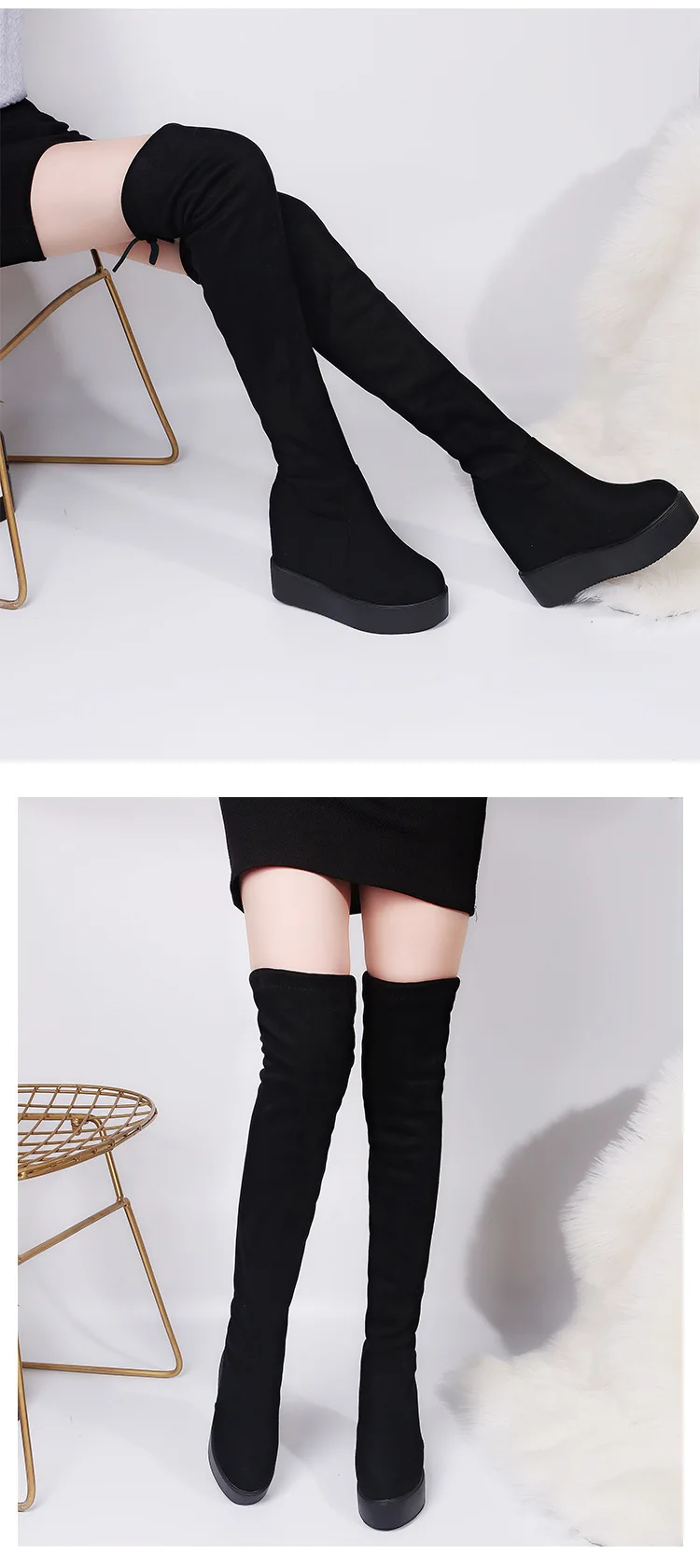 Женские сапоги выше колена на толстой подошве; изящные черные простые женские элегантные универсальные теплые сапоги с бантом; модная женская плюшевая обувь на платформе