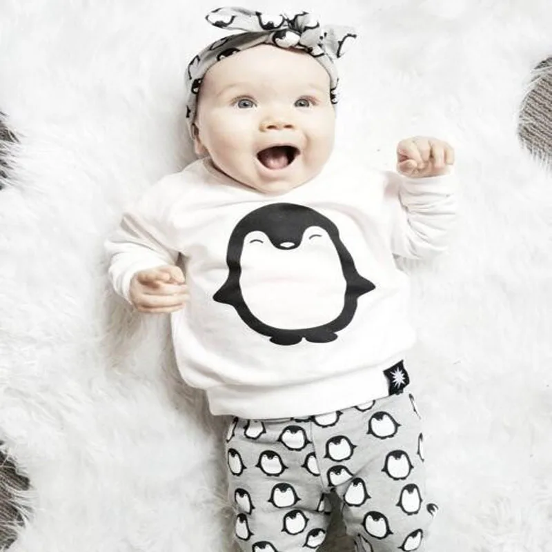 Newborn baby girls clothes Autumn penguin 3pcs kids font b children b font boy clothing sets