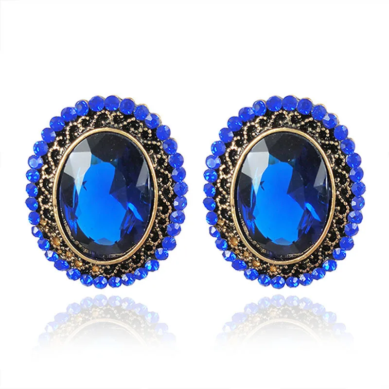 New Vintage Antiqued Gold Chunky Deep Royal Blue Big Stud Earrings for