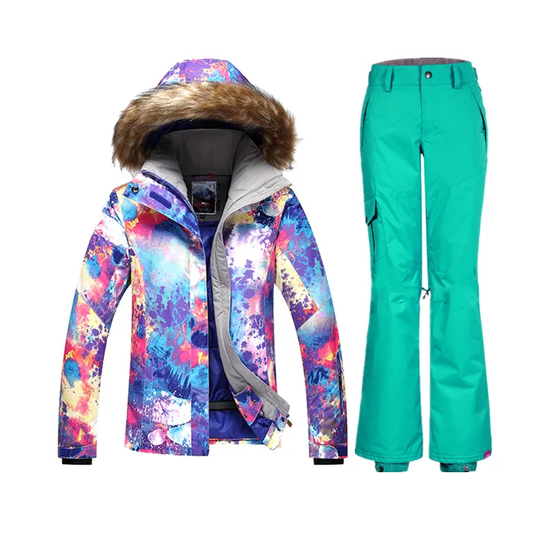 

GSOU Womens Ski Suit Colorful Winter Ski Jacket Waterproof Ski Suits Female Outdoor Snowboard Skiing Jackets Snow Pants