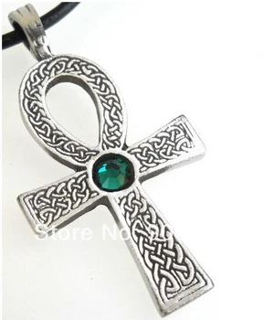 

30pcs a lot religious ankh cross with green crystal pendant necklace jewelry