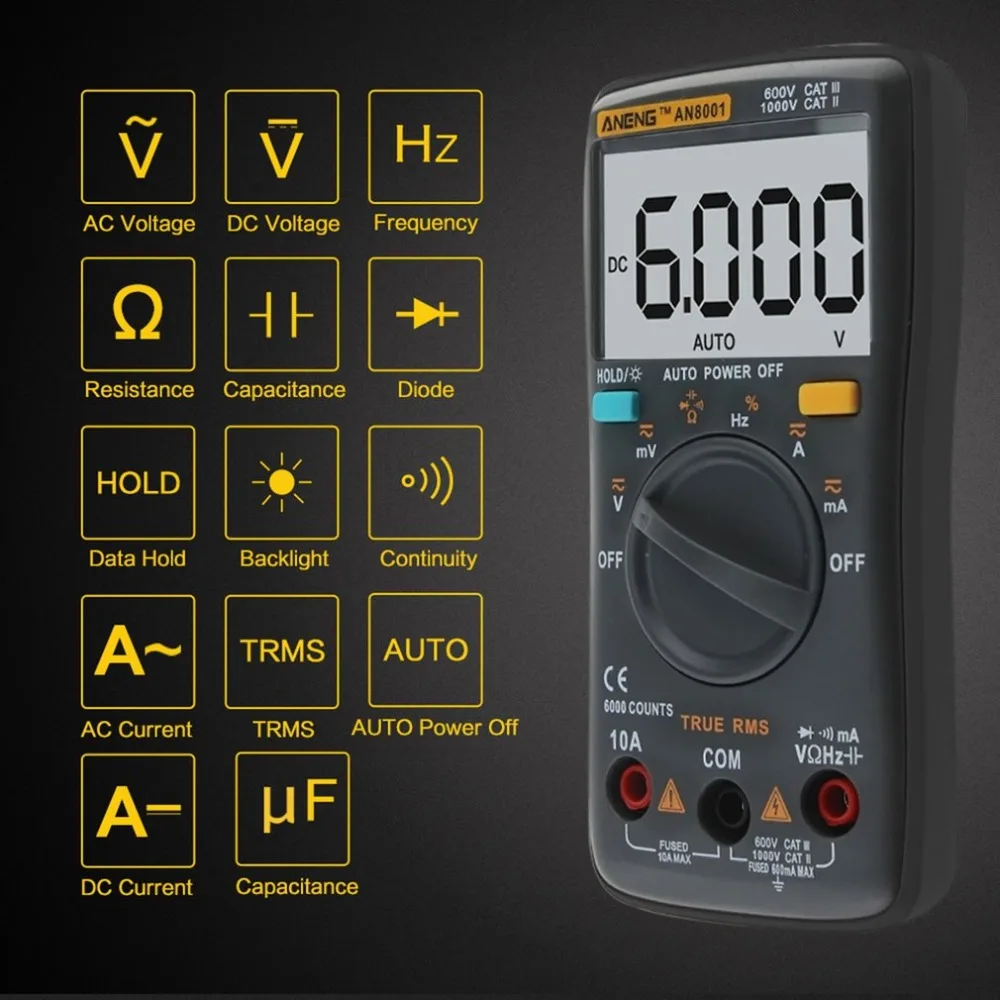 Профессиональный цифровой мультиметр AN8001 ЖК-дисплей Цифровой мультиметр 6000 отсчетов AC/DC амперметр вольтметр измеритель омметра