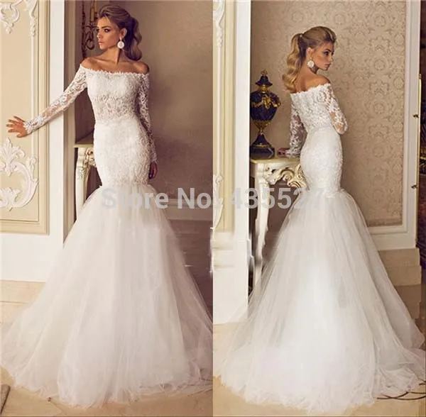 Nitree Stylish Mermaid Wedding Dresses 2016 Lace Tulle Vestido De Nitree Stylish Mermaid Wedding Dresses 2016 Lace Tulle Vestido De Novia Long Sleeve Off Shoulder