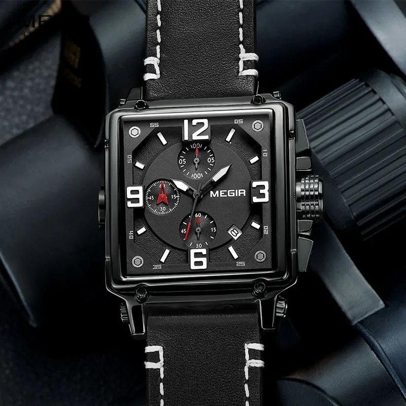 MEGIR Men's Sports Chronograph Wrist Watch for Men Army Leather Square Quartz Stop Watch Clock Man Relogios Masculino 2061Black - Image 2